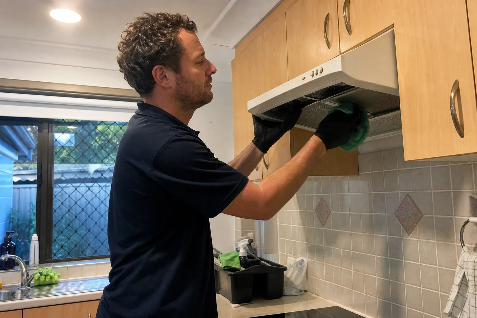 Cleaner scrubbing the lower track of a shower screen