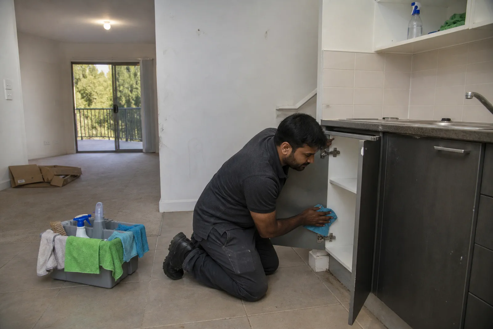 Cleaner detailing the inside of an empty rental kitchen cabinet